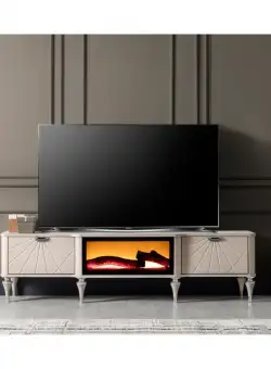 Comoda TV MONACO, cu semineu, crem, 180x40x48 cm