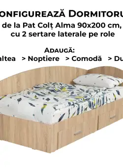 Configurator Dormitor ALMA, sonoma deschis, de la Pat Colt Alma 90x200 cm, cu 2 sertare laterale pe role