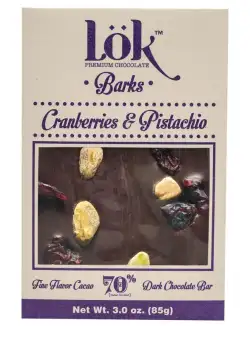 Dark Chocolate 70% cacao cu merisoare si fistic, 85g, LOK
