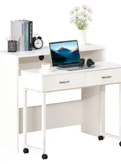 HOMCOM Birou Dublu Ergonomic Separabil cu Role, Rafturi Interioare pentru Organizare Eficientă, Design Modern, Alb, 100x36x88 cm | Aosom Romania