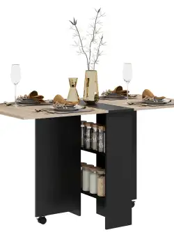 HOMCOM Masă Pliabilă pentru 4-6 Persoane, cu 2 Roți, Masă Rabatabilă cu 2 Rafturi pentru Depozitare, 140x75x74 cm, Negru | Aosom Romania