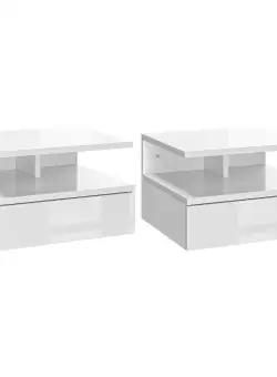 HOMCOM Set de 2 Noptiere Suspendate cu Raft Superior, Design Modern, Lemn, Alb Lucios, 35x32x22.5cm | Aosom Romania