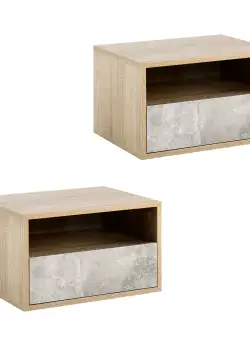 HOMCOM Set de 2 Noptiere Suspendate din Lemn cu Sertar și Raft Deschis, Design Modern, Gri și Lemn, Dimensiuni 45x35x27.5cm | Aosom Romania