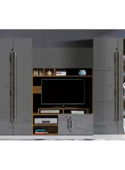 Living DAVOS Z.P., 4 corpuri, cu lumini LED si soft close, corp PAL nuc inchis, fronturi MDF gri, 306x58x196 cm