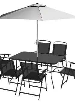 Outsunny Set de grădină cu Masă, 6 Scaune Pliante și Umbrelă de Soare cu Manivelă, Set pentru Exterior din 8 piese, 140x90x70 cm, Gri