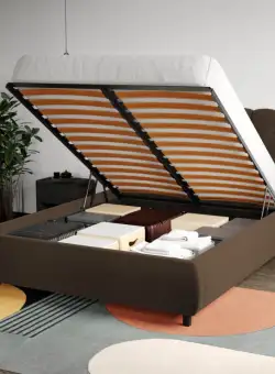 Pat Tapitat Catifea Mega cu somiera rabatabila si lada de depozitare Maro - Riviera 26 160x200