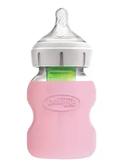 Protectie silicon pentru biberon din sticla cu gat larg roz pal, 150ml, Dr. Brown's