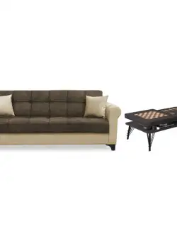 Set Canapea SALLY extensibila, maro + bej si masuta cafea TABLE, wenge
