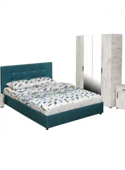 Set dormitor ECONO, 5 piese, pat 140x200 cm, dulap 4 usi, comoda, 2 noptiere, pin antichizat + turcoaz