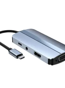 Adaptor multifunctional 7 in 1 USB-C la HDMI Techstar® CYC7IN1A, HDMI 4K, VGA 1080P, 1 x USB 3.0, 1 X USB 2.0, USB-C, AUX 3.5 mm, PD Port, Gri