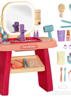 AIYAPLAY Masă de Toaletă pentru Fetițe 3-6 Ani cu Oglindă din Acrilic și Robinet, Jucărie pentru Copii din Plastic, 55x29x71 cm, Roz | Aosom Romania