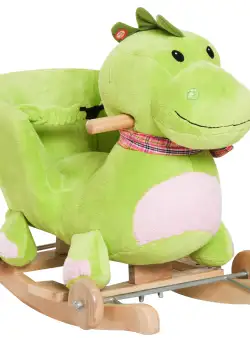 Calut Balansoar cu Roti, Calut Balansoar sub Forma de Dragon pentru Copii 18-36 luni, din Lemn si Plus Verde HOMCOM | Aosom Romania