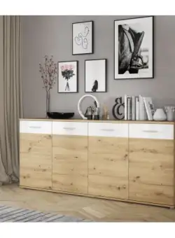 Comoda Hitstone, Stejar Artisan Si Alb Super Lucios, 199.3 Cm