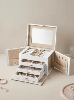 Cutie De Bijuterii Cu Oglinda, Cu 4 Niveluri Si 3 Sertare Cu Maner, Alb