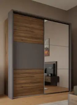 Dulap Cu Oglinda Si Rama Delicate, 2 Usi Glisante, 5 Polite, Stejar Justus si Gri Wolfram Uni, 175.5 Cm