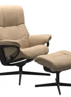 Fotoliu recliner cu taburet Stressless Mayfair Cross M cadru Black tapiterie piele Paloma Beige