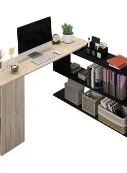 HOMCOM Birou de Colț cu Raft în Formă de S, Birou Modern din Lemn, 140x120x78 cm, Lemn Natural | Aosom Romania