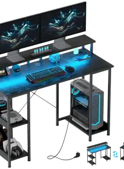 HOMCOM Birou Reversibil pentru Calculator cu Prize, Lumini LED, Suport Dublu și Rafturi Reglabile, 120x50x89,5 cm, Negru | Aosom Romania