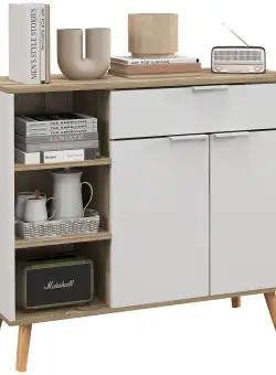 HOMCOM Bufet de Depozitare Modern cu Sertar, Usi cu Inchidere cu Amortizare, 3 Compartimente Deschise si Rafturi Reglabile, Dulap de Bucatarie Alb