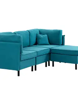 HOMCOM Canapea Secțională Convertibilă, Canapea în Formă de L cu Taburet Otoman Reversibil și Perne, 222x154,5x71 cm, Albastru | Aosom Romania