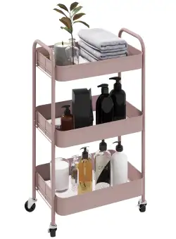 HOMCOM Cărucior de Bucătărie cu 3 Nivele, Mânere și 4 Roți, 45x30,6x79 cm, Roz | Aosom Romania
