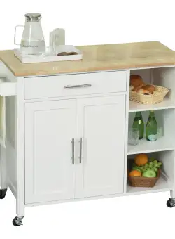 HOMCOM Cărucior de Bucătărie, Dulap cu Rafturi de Depozitare din MDF, PAL, Lemn și Cauciuc, 107.5x48x89 cm, Alb | Aosom Romania