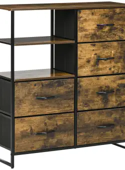 HOMCOM Comodă Pliabilă cu 6 Sertare, 2 Rafturi Deschise din Material și Picioare Reglabile, 84x30x92 cm, Maro Rustic | Aosom Romania