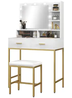 HOMCOM Masă de Toaletă cu Oglindă Luminoasă LED, 2 Sertare, 5 Rafturi și Scaun, Masă de Toaletă, 80x40x138 cm, Alb | Aosom Romania