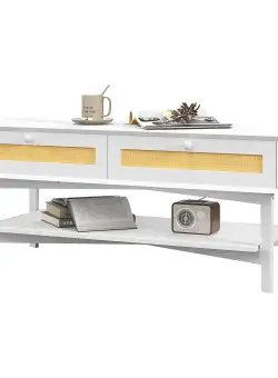 HOMCOM Măsuță de Cafea Dreptunghiulară cu 2 Sertare, Măsuță Boho Joasă din Ratan și Lemn, Dimensiuni 120x50x50 cm, Alb și Lemn Natural | Aosom Romania