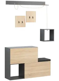 HOMCOM Organizator pentru Hol cu Bancă pentru Pantofi și Cuier, Design Modern cu Suport pentru Haine și Raft, Gri și Natural | Aosom Romania