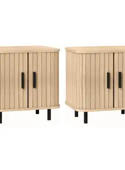 HOMCOM Set 2 Noptiere în stil Nordic cu Raft pe 2 Niveluri și Ușă Culisantă pentru Dormitor, 48x40x48 cm, Lemn Natural | Aosom Romania