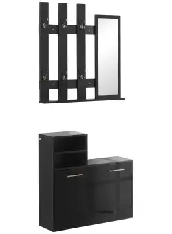 HOMCOM Set de 2, Organizator Lucios Intens pentru Holul de la Intrare cu Banca Dulap de Depozitare a Pantofilor, Cuier de Hol, Negru | Aosom Romania