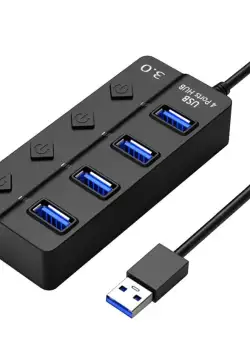 Hub USB cu 4 porturi Techstar® HUBA0701, 1 x USB 3.0, 3 x USB 2.0, indicator LED pentru putere, comutator independent, Negru