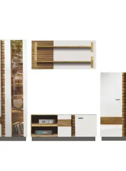 Living VAL GARDENA Z.A., 4 corpuri, cu lumini LED, corp PAL nuc, fronturi MDF late lucios, 302x53x199 cm