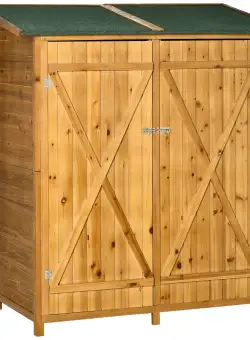 Outsunny Magazie de Gradina din Lemn cu 2 Usi cu Taburet Inalt cu 2 Rafturi si Acoperis Hidrofug, 140x75x157 cm | Aosom Romania