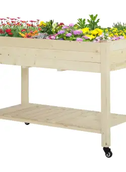 Outsunny Pat Grădină Legume Înălțat Lemn cu Roți, Jardiniera Înălțată cu Raft Inferior, 118x55x83cm, Natural | Aosom Romania