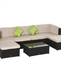 Outsunny Set Living de Exterior 7 Piese din Rattan PE Canapea Pufuri și Masă de Cafea Design Contemporan Negru Kaki | Aosom Romania