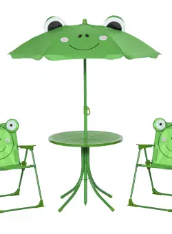 Outsunny Set Masa de Gradina cu 2 Scaune Pliabile si Umbrela pentru Copii din Metal si Poliester, Verde | Aosom Romania