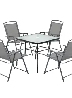 Outsunny Set Masa și 4 Scaune Pliabile de Grădină, Blat de Sticlă cu Orificiu pentru Umbrelă, Design Compact, Negru | Aosom Romania