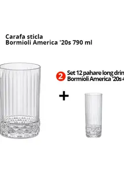 Pachet Carafa sticla Bormioli America '20s 790 ml + Set 12 pahare long drink Bormioli America '20s 400 ml
