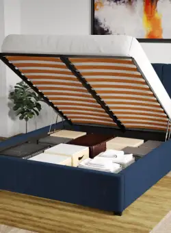 Pat Tapitat Adam cu somiera rabatabila si lada de depozitare Albastru - Falcone 80 140x200