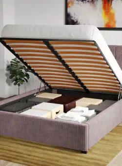 Pat Tapitat Adam cu somiera rabatabila si lada de depozitare Roz - Poso 27 140x200