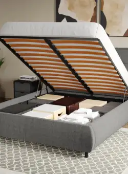 Pat Tapitat Axel cu somiera rabatabila si lada de depozitare Gri - Falcone 21 140x200