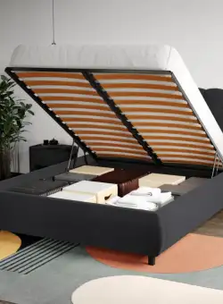 Pat Tapitat Catifea Mega cu somiera rabatabila si lada de depozitare Gri antracit - Riviera 97 140x200