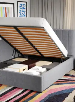 Pat Tapitat de colt Adam cu somiera rabatabila si lada de depozitare Gri - Eden 18 90 x 200