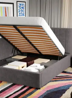 Pat Tapitat de colt Adam cu somiera rabatabila si lada de depozitare Gri - Poso 22 160x200