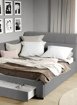 Pat Tapitat de colt Galileo cu somiera si sertar Gri - Jasmine 90