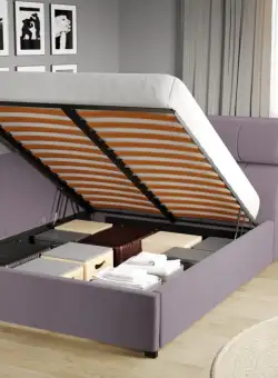 Pat Tapitat de colt pentru saltea de 190 Galileo rabatabil cu lada Mov deschis - Jasmine 62 160x190