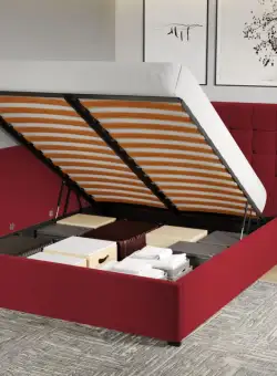 Pat Tapitat de colt pentru saltea de 190 Rivo rabatabil cu lada Visiniu - Riviera 61 160x190