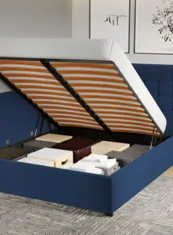 Pat Tapitat de colt Rivo cu somiera rabatabila si lada de depozitare Albastru inchis - Riviera 81 160x200